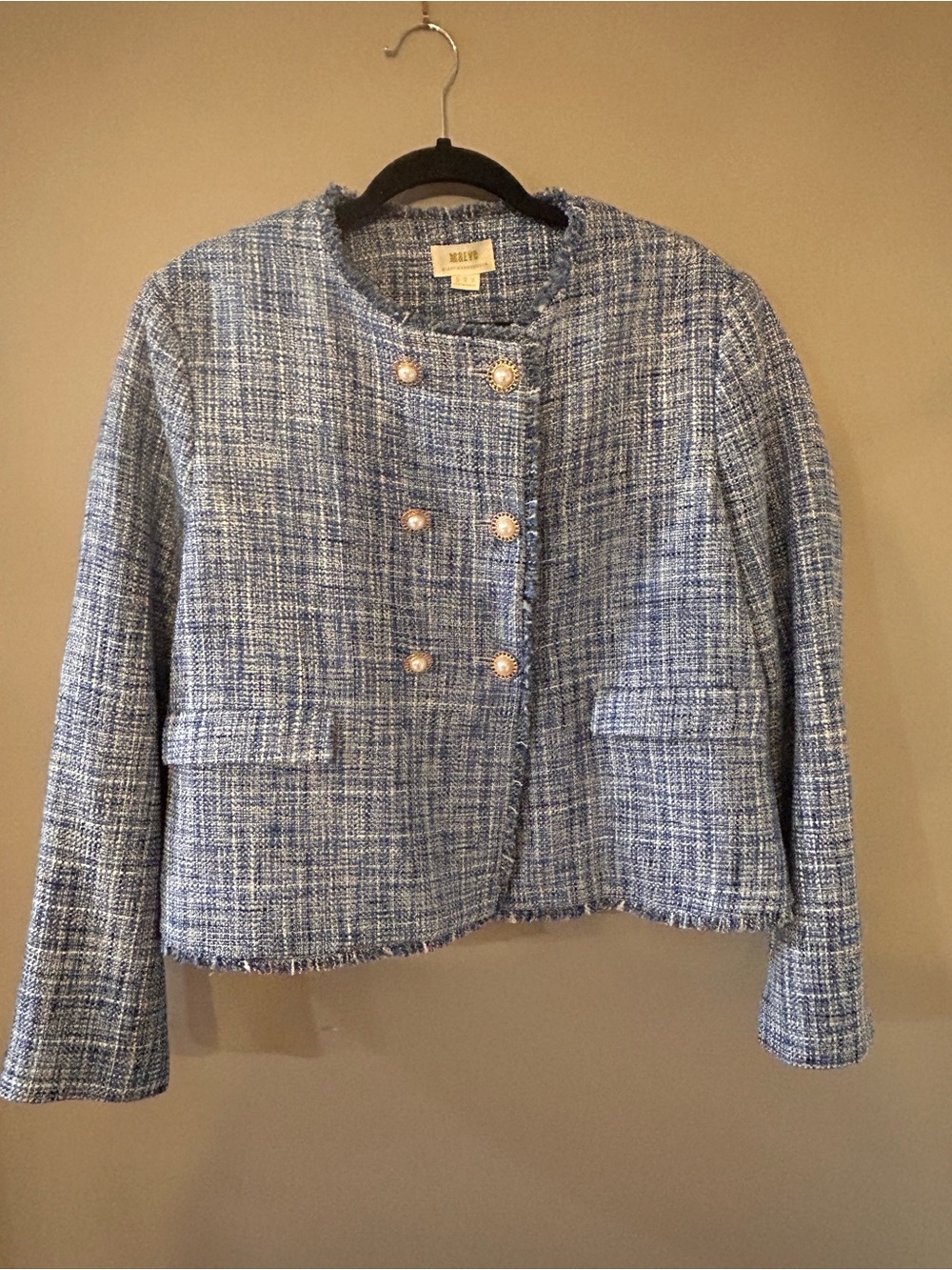 Anthropologie Blue Tweed Double-Breasted Pearl-Button Jacket